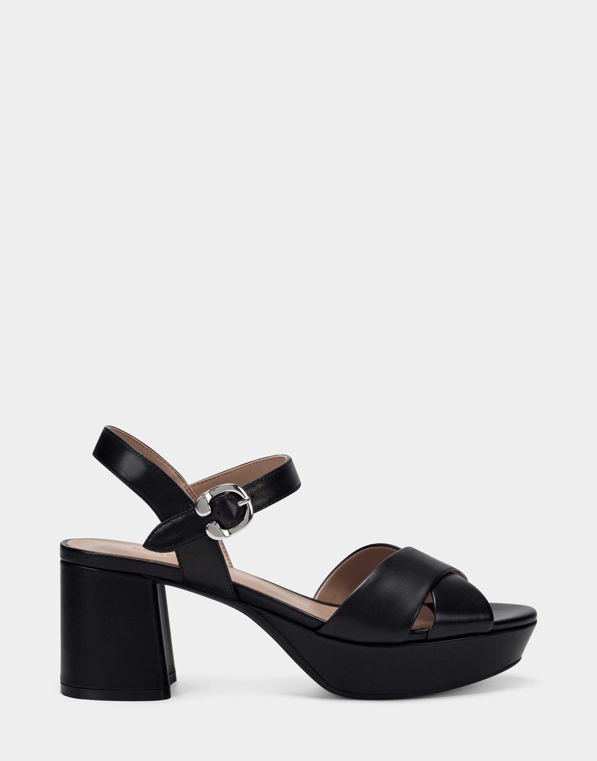 Black Leather Platform Block Heel Sandal with Buckle Cosmos