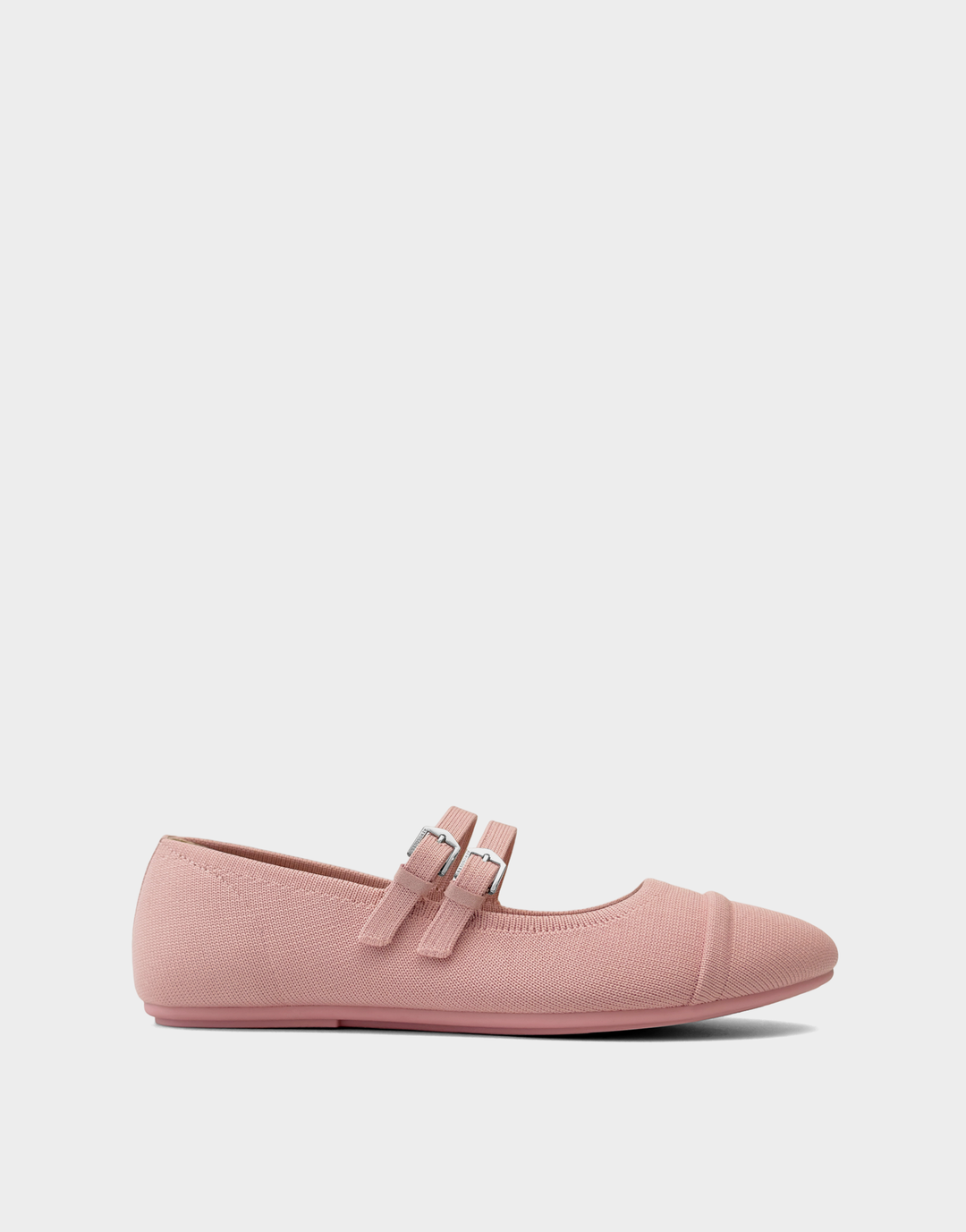 Side profile of the Aerosoles Brit ballet flat in Rose Knit featuring a flexible slip-on design and dual Mary Jane straps with silver buckles.