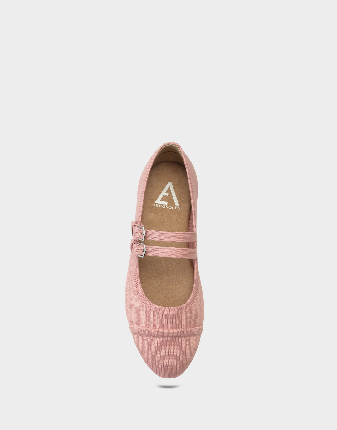 Overhead view of the Aerosoles Brit Rose Knit flat revealing the cushioned Ortholite® foam insole and dual-strap buckle detail.
