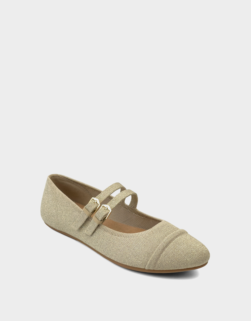 Angled view of the Aerosoles Brit Soft Gold Knit flat showcasing the shimmering textured fabric and classic round toe.