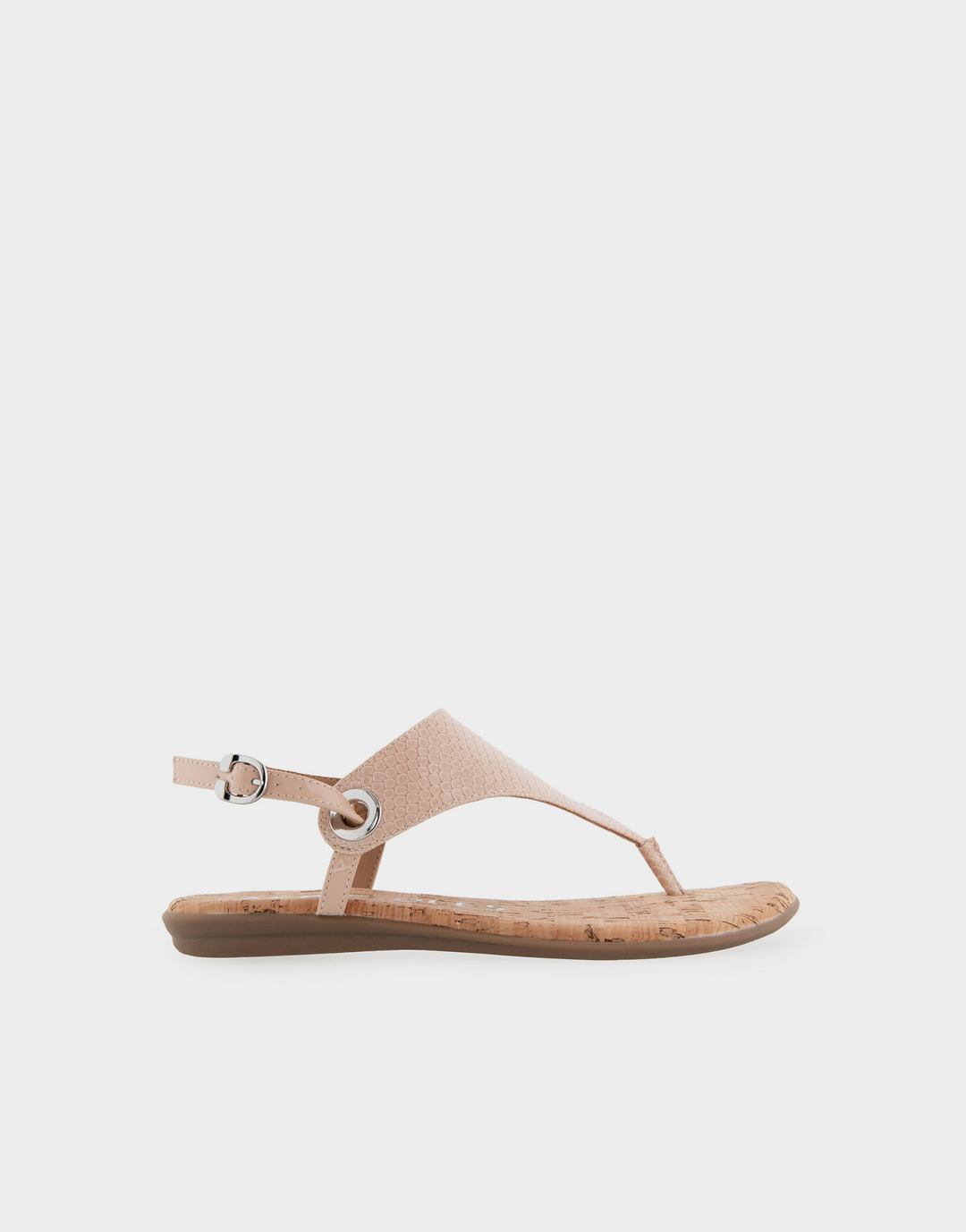 Side profile of the Aerosoles Conclusion thong sandal in Cipria Faux Patent featuring a minimalist flat sole and a sleek t-strap design.