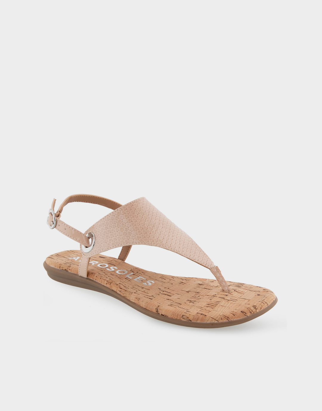 Angled view of the Aerosoles Conclusion blush sandal showcasing the high-shine patent finish and refined thong silhouette.