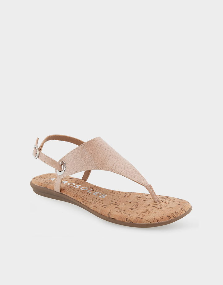 Angled view of the Aerosoles Conclusion blush sandal showcasing the high-shine patent finish and refined thong silhouette.