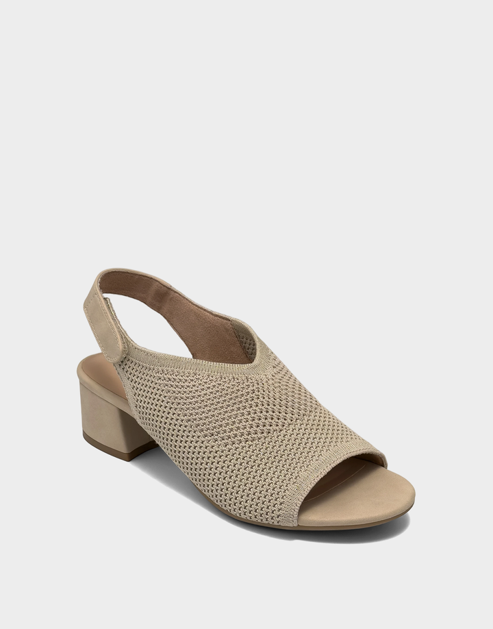 Angled view of the Aerosoles Costi Soft Gold metallic knit pump showcasing the sophisticated square toe and shimmering textured fabric.