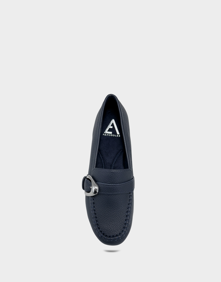 Overhead view of the Dinetta navy loafer revealing the cushioned Ortholite® foam insole for superior underfoot support.
