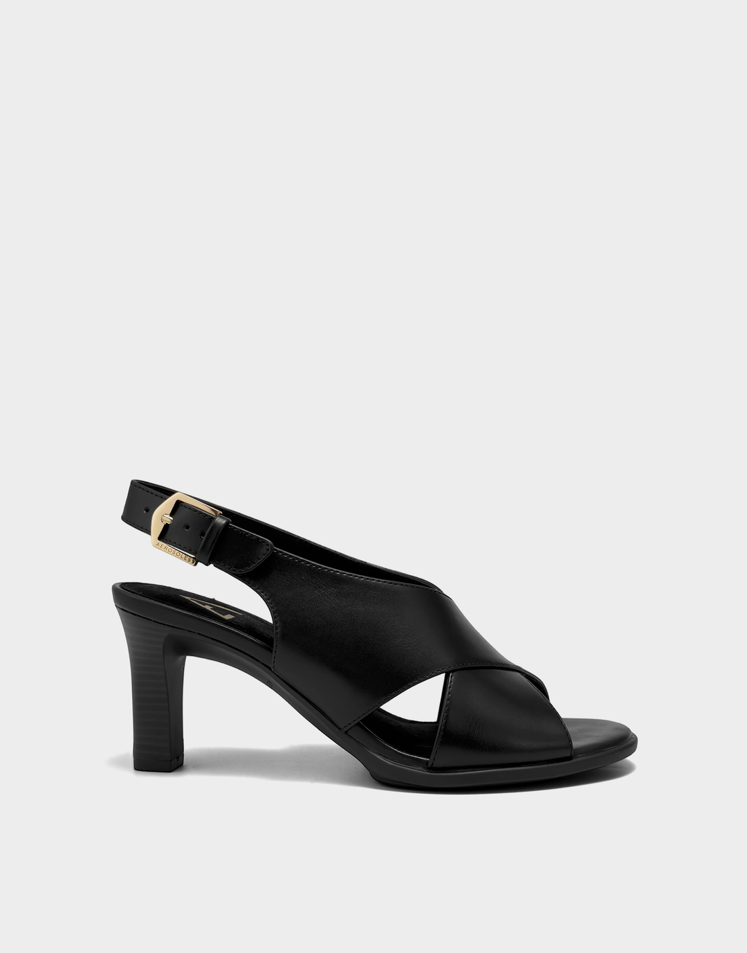 Side profile of the Aerosoles Hollis slingback sandal in Black Faux Calf featuring a chunky platform and stable block heel.