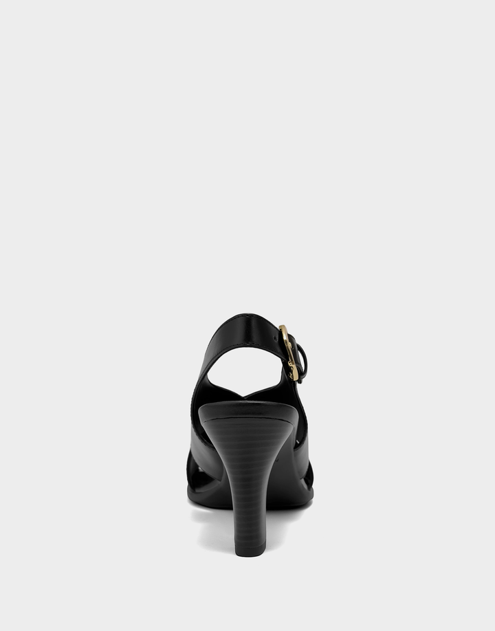 Rear view of the Aerosoles Hollis sandal in black faux calf showcasing the sturdy, walkable block heel and secure heel strap.