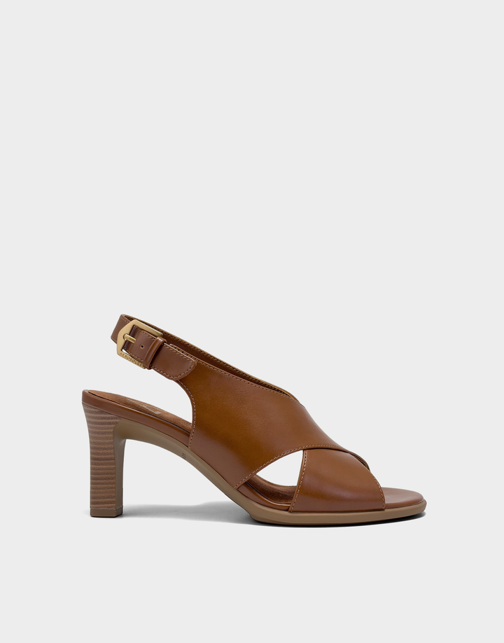 Side profile of the Aerosoles Hollis slingback sandal in Cognac Faux Calf featuring a chunky block heel and platform sole.