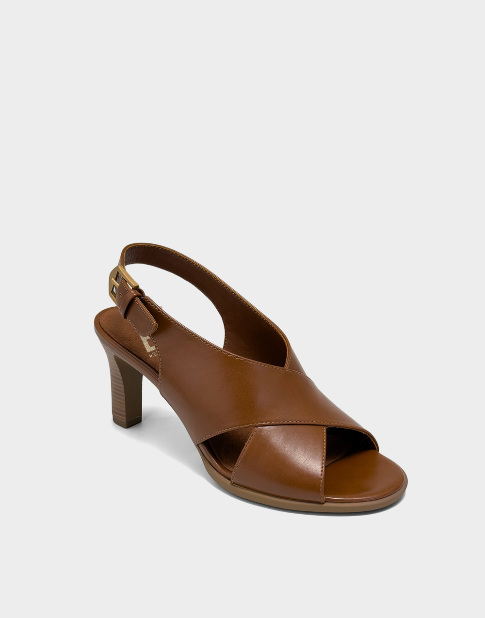 Angled view of the Aerosoles Hollis cognac sandal showcasing the wide front strap and adjustable slingback with buckle closure.