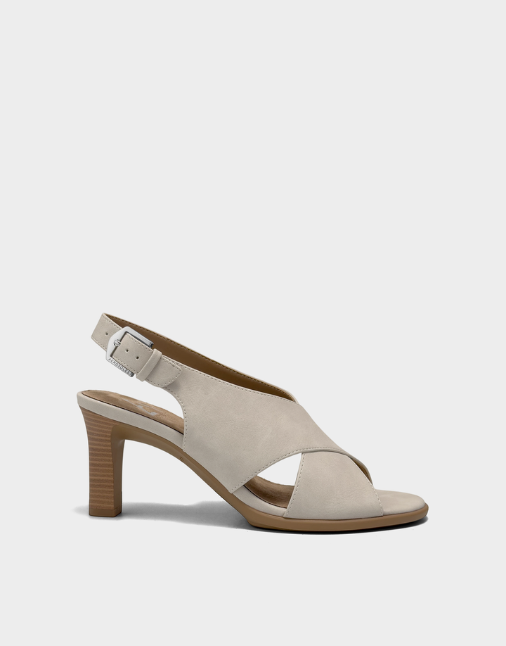Side profile of the Aerosoles Hollis slingback sandal in Stone Faux Nubuck featuring a chunky platform and stable block heel.