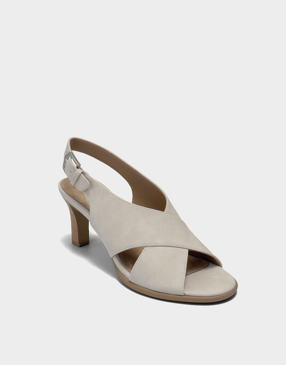 Angled shot of the Aerosoles Hollis stone sandal showcasing the soft nubuck texture and adjustable slingback with buckle closure.