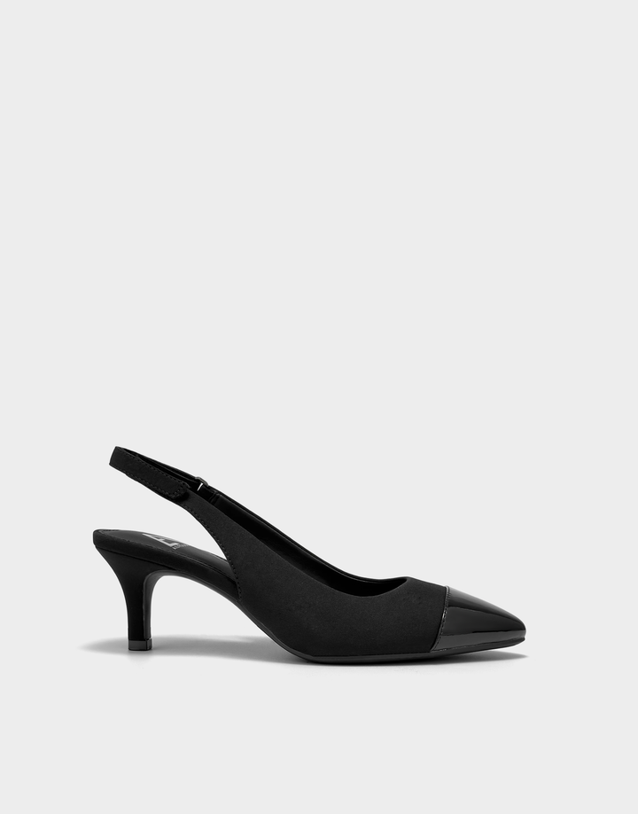 Side profile of the Aerosoles Levi slingback sandal in Black Stretch Gabardine featuring a faux patent leather block heel and platform.