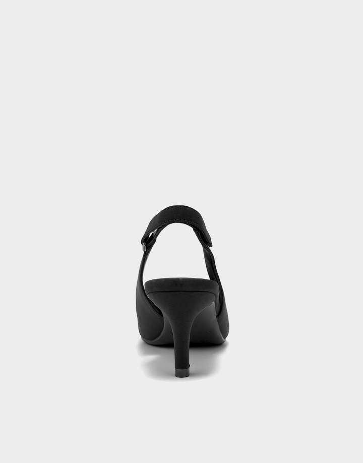 Rear view of the Aerosoles Levi sandal showcasing the stable black faux patent block heel and secure slingback closure.
