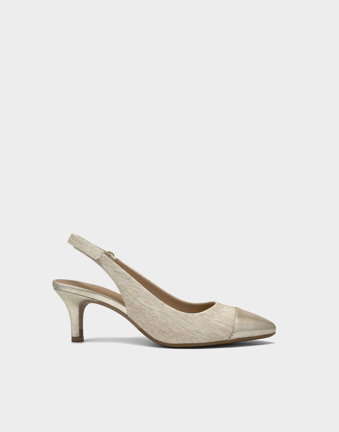 Side profile of the Aerosoles Levi slingback sandal in Soft Gold Metallic Shimmer featuring a walkable block heel and adjustable strap.