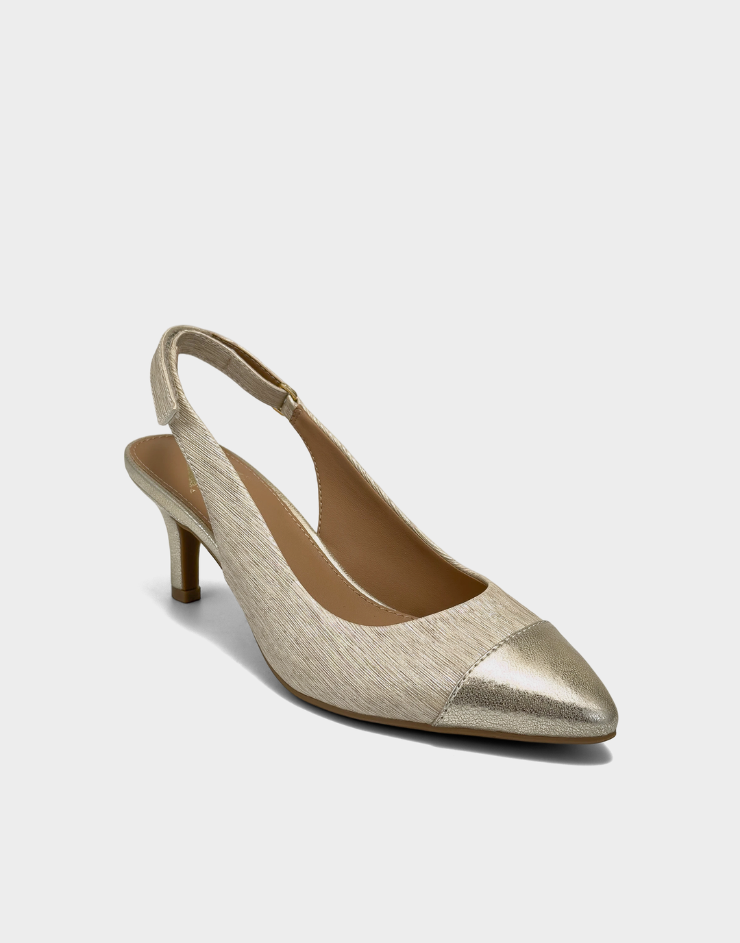 Angled view of the Aerosoles Levi gold sandal showcasing the elegant square-toe silhouette and radiant metallic shimmer finish.