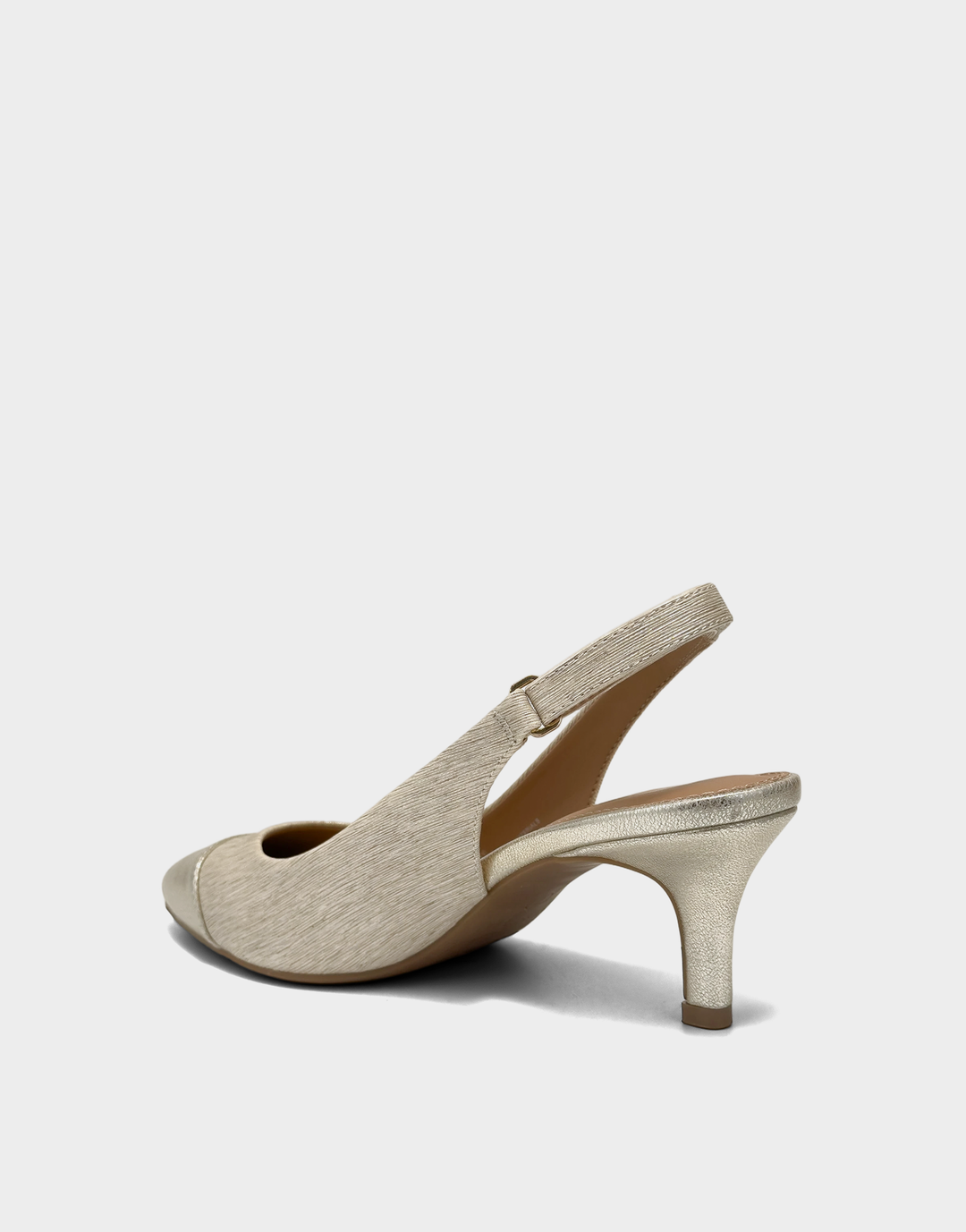 Lateral view of the Levi slingback sandal highlighting the slim front strap and secure, flexible comfort architecture.