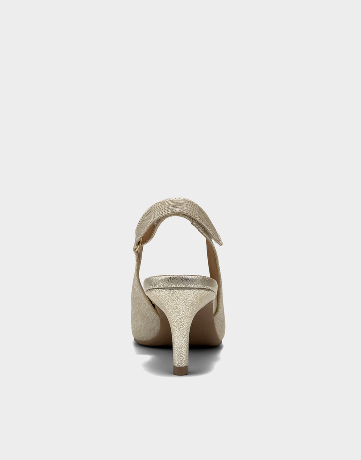 Rear view of the Aerosoles Levi sandal in Soft Gold Metallic Shimmer showcasing the sturdy block heel and polished buckle detail.