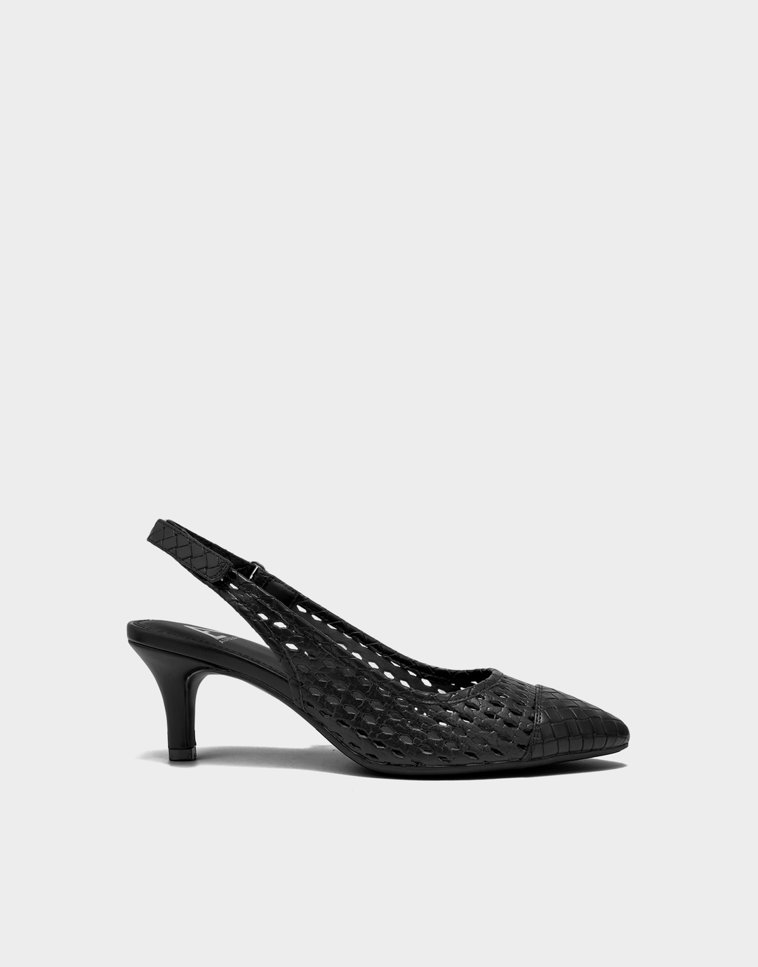 Side profile of the Aerosoles Levi Weave slingback sandal in black featuring an intricate woven front strap and a stable block heel.