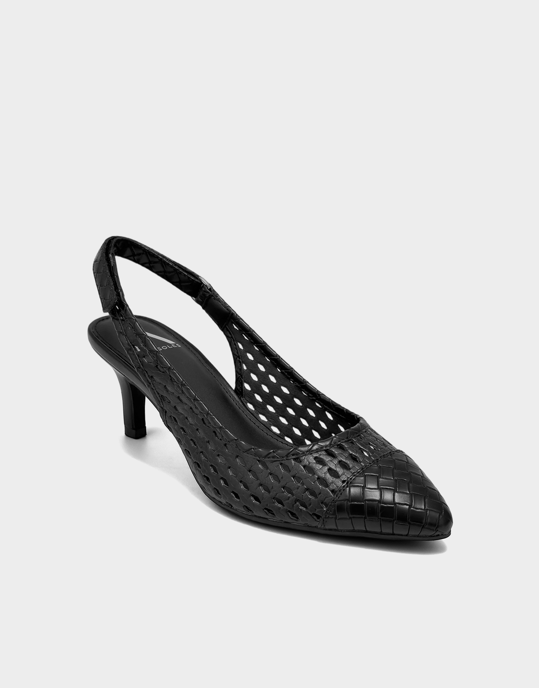 Angled view of the Aerosoles Levi black sandal showcasing the modern square open toe and textured weave design.
