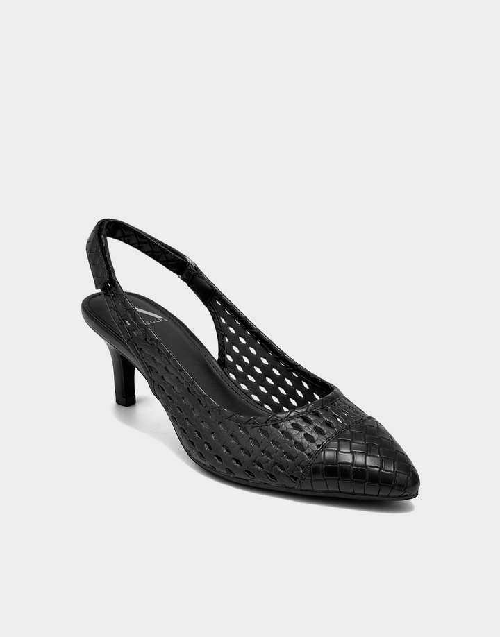 Angled view of the Aerosoles Levi black sandal showcasing the modern square open toe and textured weave design.