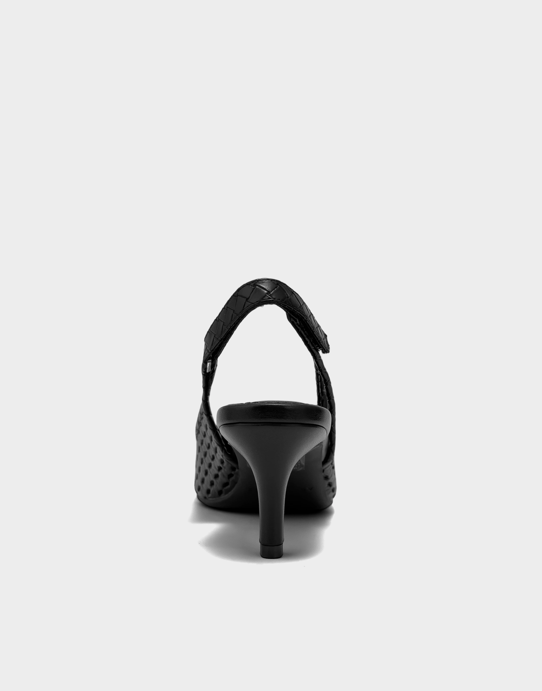 Rear view of the Aerosoles Levi Weave sandal showcasing the sturdy block heel and polished buckle closure for a secure fit.
