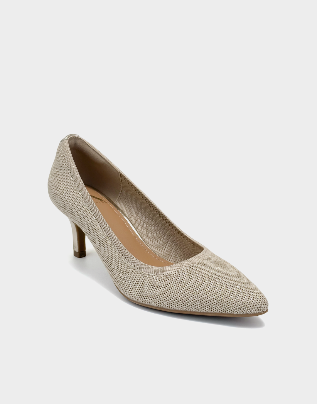 Angled view of the Aerosoles Lexi gold sandal showcasing the modern square toe and breathable, light-catching metallic knit strap.