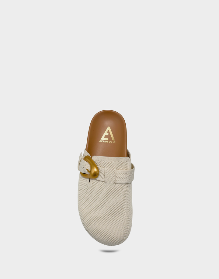 Overhead view of the Lucca Eggnog mule revealing the cushioned Molded Footbed for premium underfoot support.