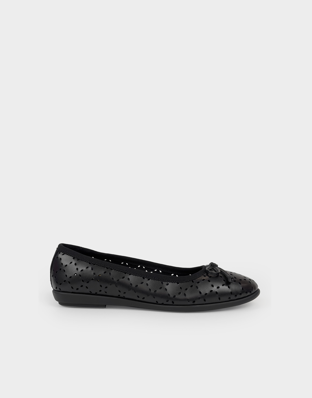 Aerosoles Beyla ballet flat in black faux nappa leather featuring laser-cut perforated detailing, bow accent, and flexible flat sole.