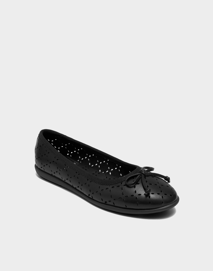 Aerosoles Beyla black faux nappa leather ballet flat with decorative bow, perforated upper, and lightweight design for everyday comfort.
