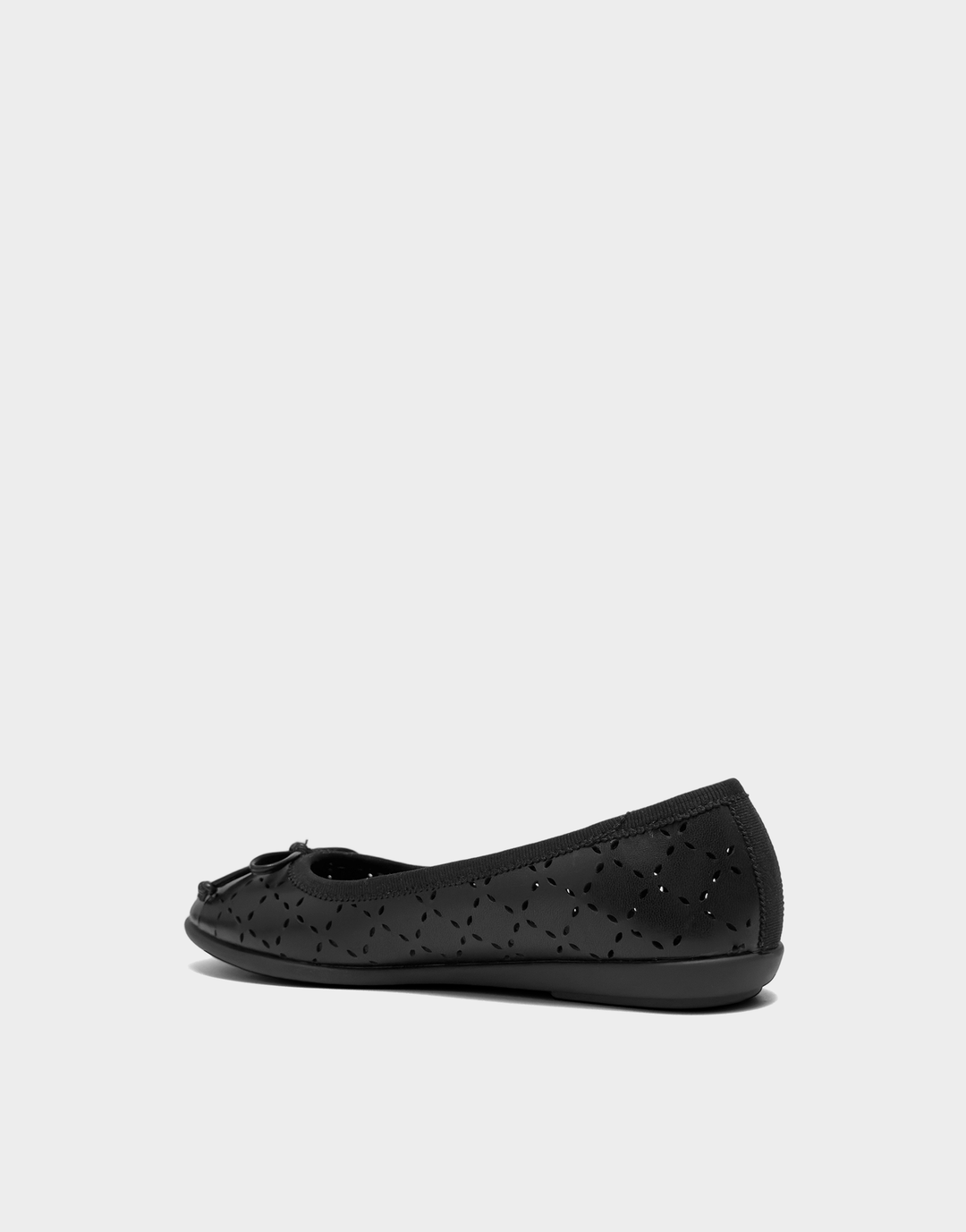 Side profile of the Aerosoles Beyla ballet flat in black faux nappa leather, showcasing breathable perforations and classic round-toe silhouette.
