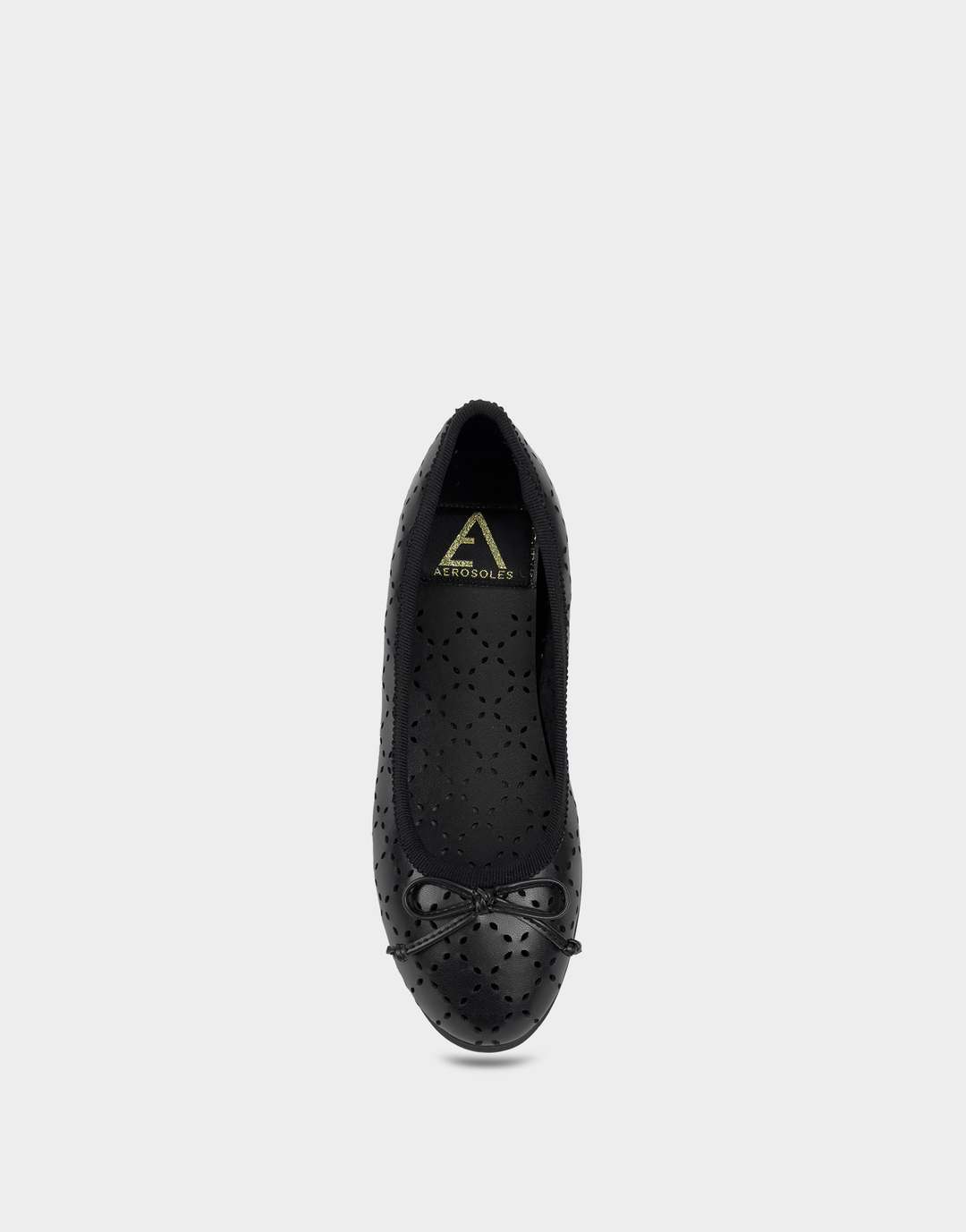 Top view of the Aerosoles Beyla black ballet flat featuring laser-cut details, round toe, and decorative bow for timeless everyday style.
