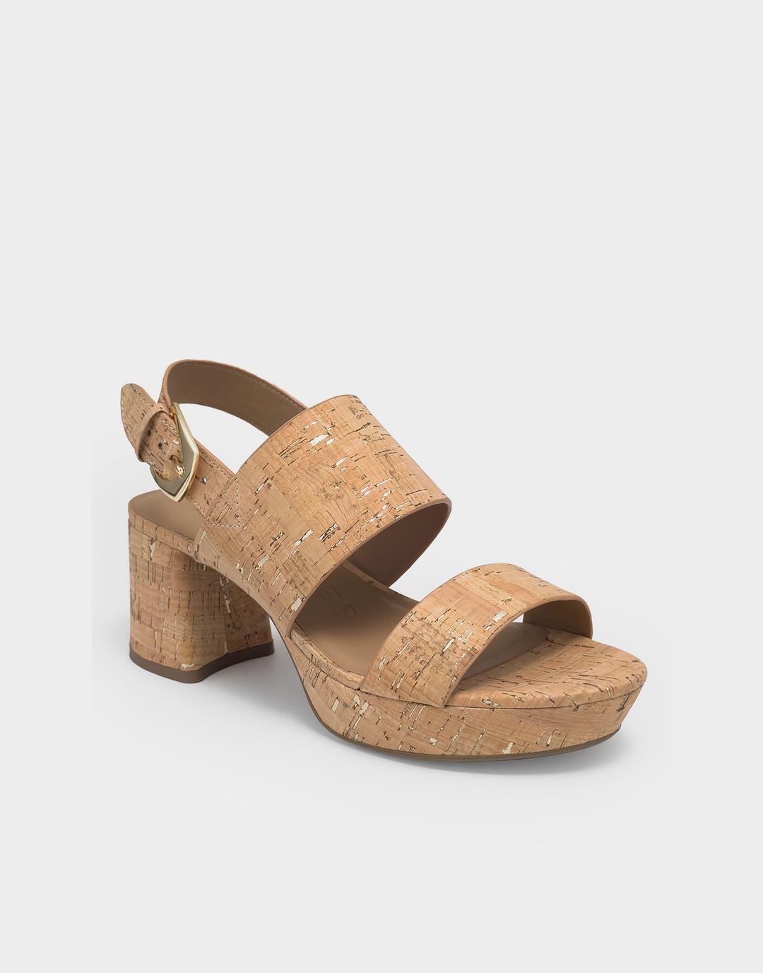 Aerosoles Camilia Natural Gold platform sandal, front angle showing wide straps, cork texture and gold buckle