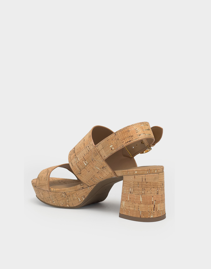 Aerosoles Camilia Natural Gold platform sandal, rear angle showing block heel and adjustable slingback strap