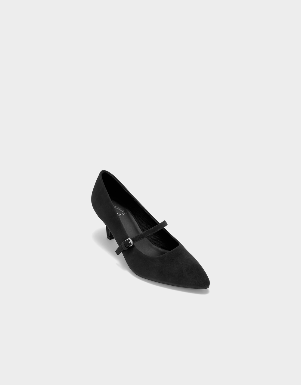 Aerosoles Luna women's black faux suede heels, angled view