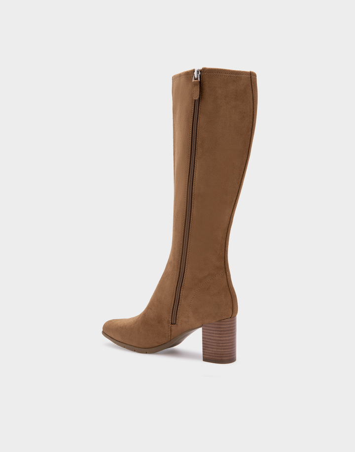 Aerosoles Micah Tobacco stretch faux suede knee-high boot showing tall shaft and block heel