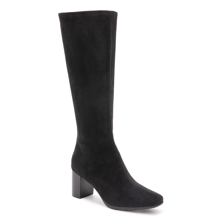 Aerosoles Micah women's black stretch faux suede tall boot with block heel, side view