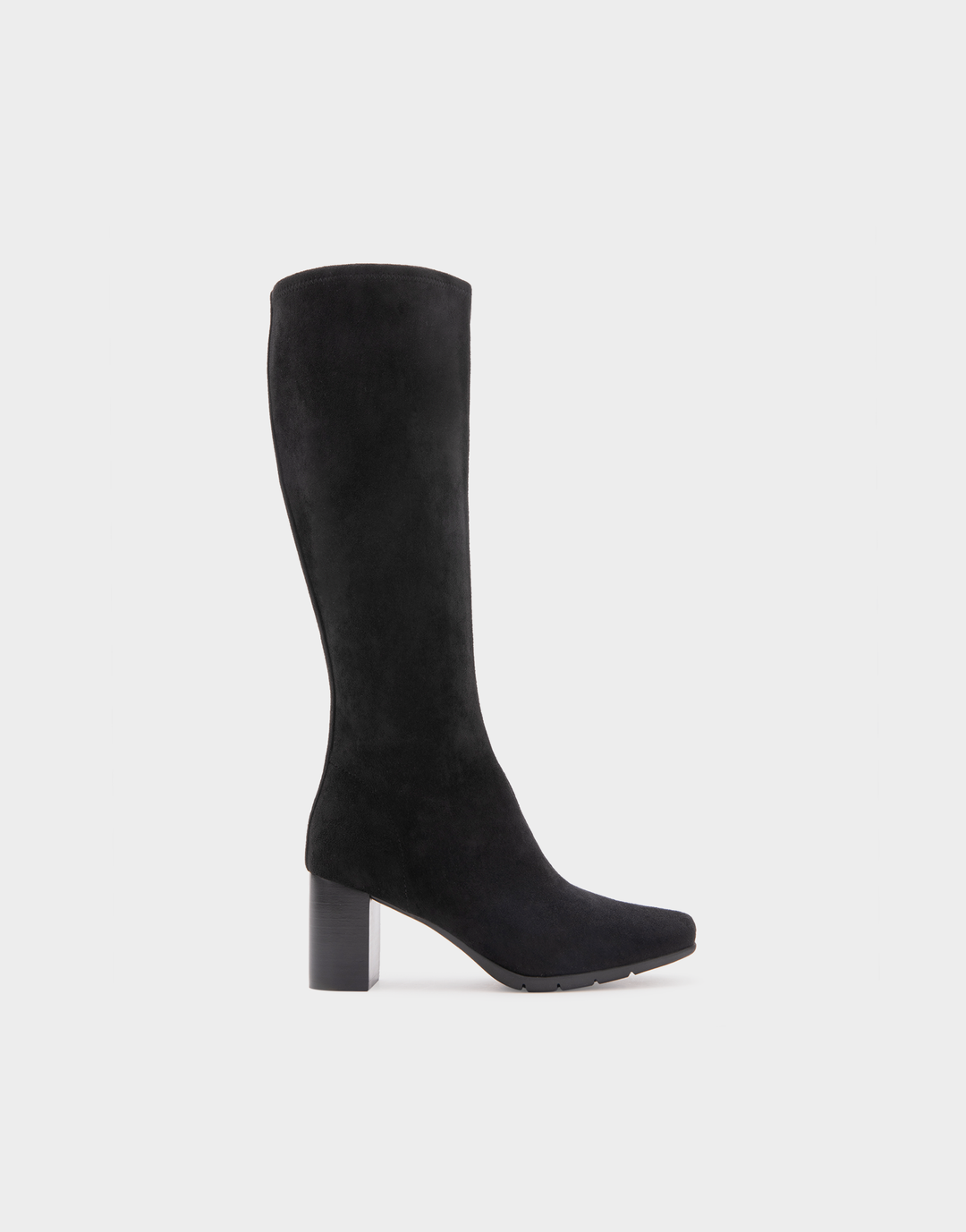 Aerosoles Micah women's black stretch faux suede knee-high boot with block heel, angled view