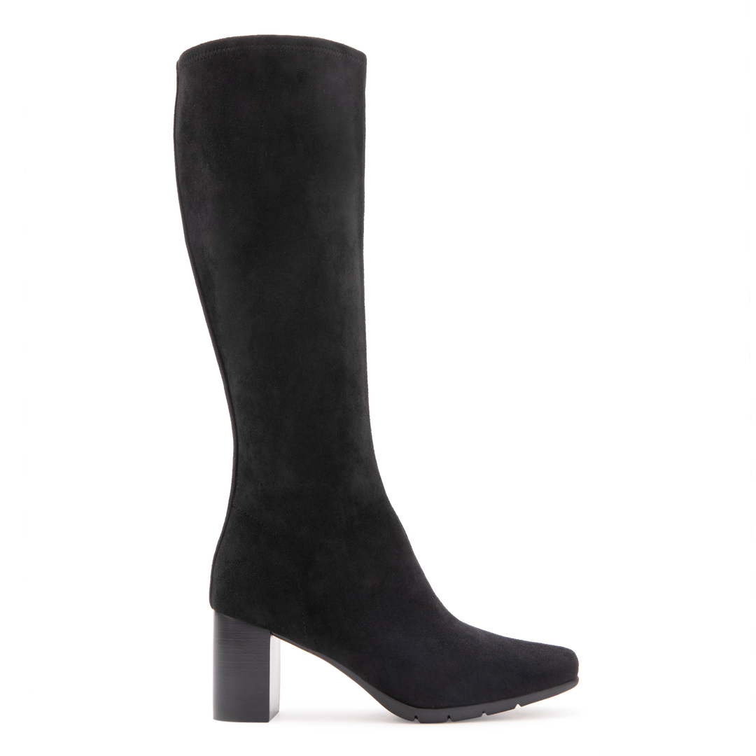 Aerosoles Micah women's black stretch faux suede knee-high boot with block heel, angled view