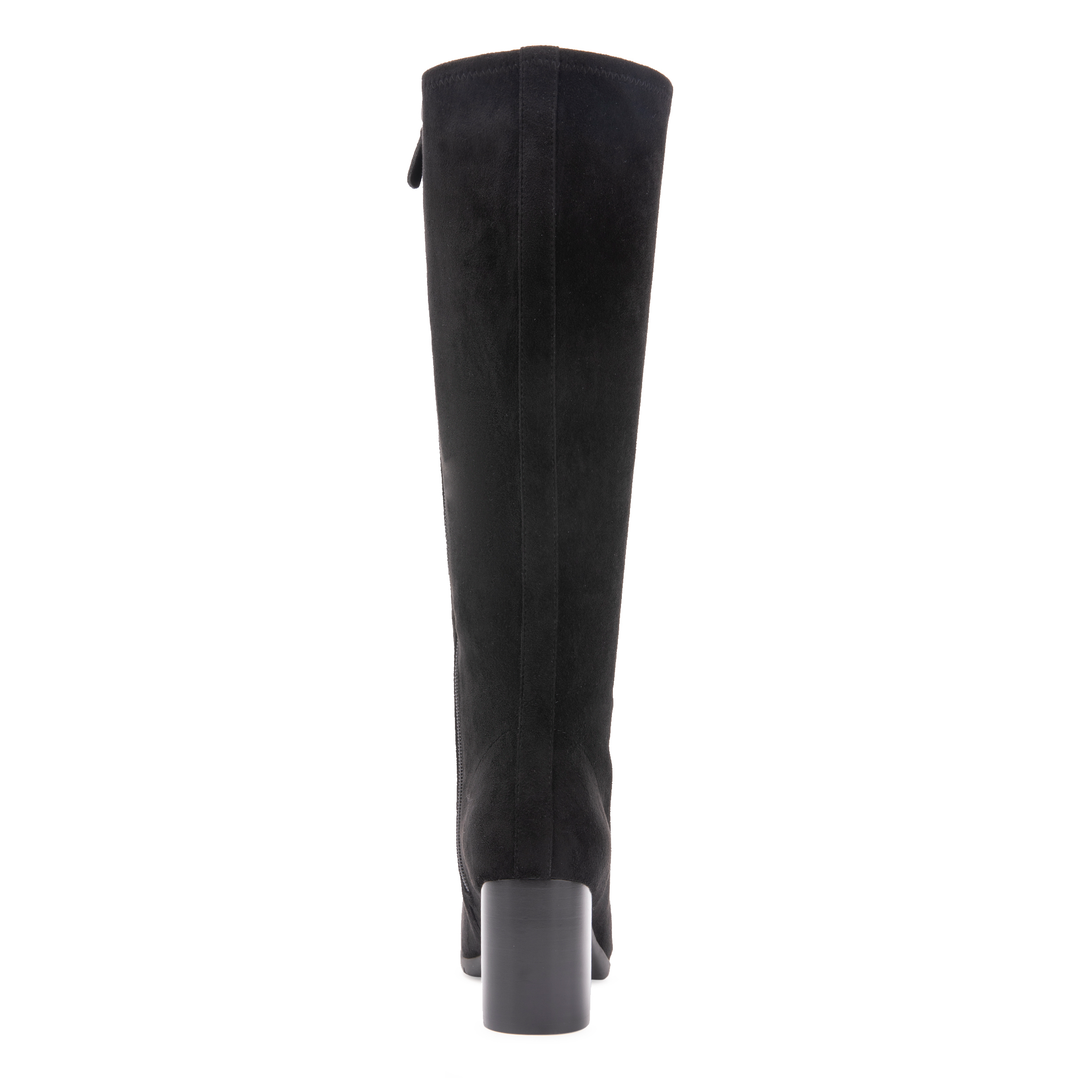 Aerosoles Micah black stretch faux suede knee-high boot showing tall shaft and block heel