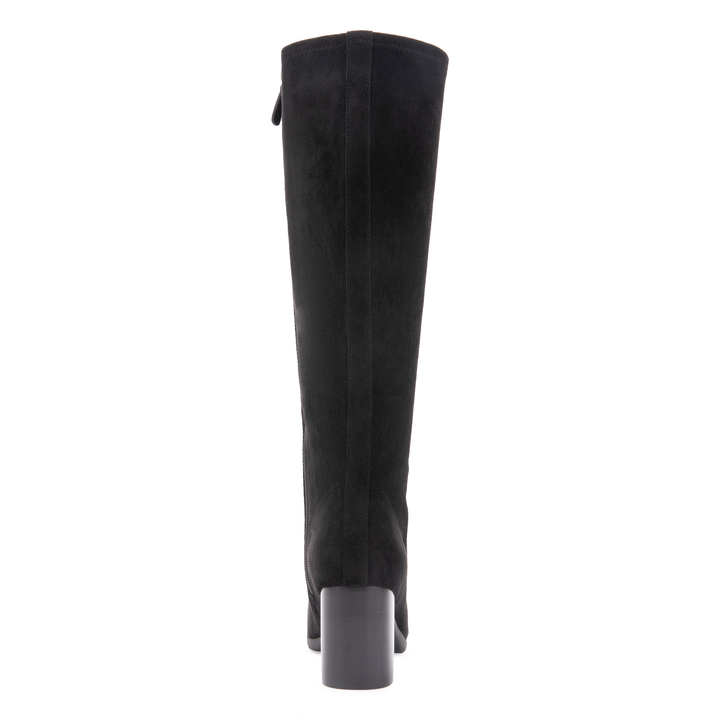 Aerosoles Micah black stretch faux suede knee-high boot showing tall shaft and block heel
