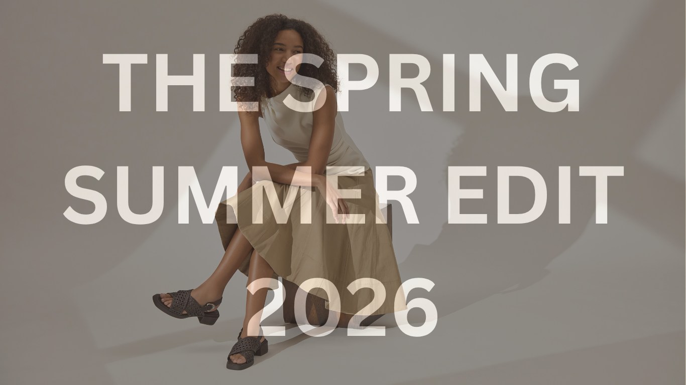 Aerosoles Spring Summer Edit 2026 campaign featuring a woman wearing woven black sandals with low block heel, highlighting comfortable women’s footwear for effortless warm-weather style.