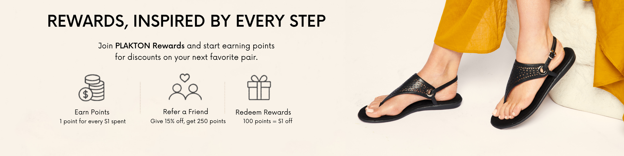 Aerosoles Rewards program banner featuring a woman wearing black sandals, highlighting earning points, referring friends, and redeeming rewards for comfortable, stylish footwear.